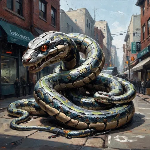 Prompt: (ultra-detailed) robotic snake unit, multi-sectional design, sharp blades, military aesthetics, sleek metallic surface, high-tech features, urban environment, action-oriented, ominous energy, vibrant shadows, cybernetic capabilities, street level hunting, menacing perspective, fast-moving, advanced technology, high resolution, dynamic composition