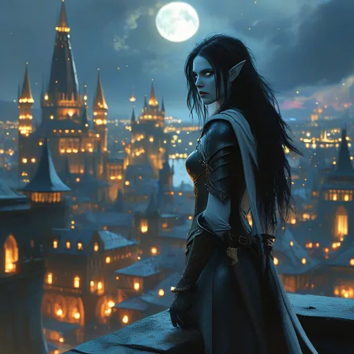 Prompt: A fierce elven woman warrior skin pale as moonlight, and hair black as night stands poised, on the roof tops overlooking the great fantasy city aglow with city lights. 