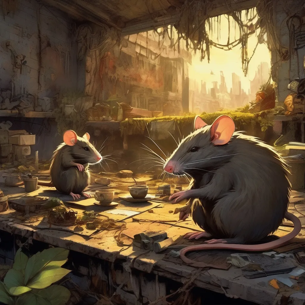 Prompt: post apocalyptic Anthropomorphic secret of nymh rats surviving in a new growing society