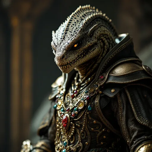 Prompt: A fierce and commanding figure dominates the scene, characterized by a starkly textured, reptilian appearance, complete with a distinctive spotted head and intricate facial features that evoke a sense of intimidation. Clad in an ornate and embellished costume, featuring metallic tones and colorful detailing, the individual conveys a regal yet menacing presence, possibly within a cosmic or alien-themed environment. The shadows and highlights of the lighting emphasize the unique textures of the attire, driving the eye towards the elaborate elements like the jeweled sash across the chest. The overall composition suggests a narrative rich in conflict and power dynamics, echoing themes commonly found in science fiction or fantastical storytelling.