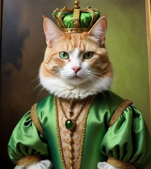 Prompt: Cat dressed like Human royalty posing for a painting. The cat is wearing something green and fancy. I would like for it to be in the style of a renaissance painting. The cat should be an orange tabby.