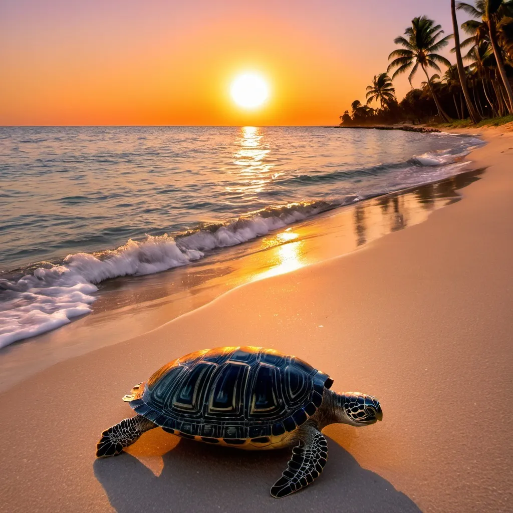 Prompt: A sunset over the ocean with palm trees on the shore and a Turtle