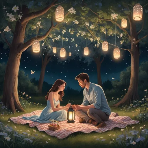 Prompt: "Illustrate a romantic picnic in an enchanted forest. The couple sits on a blanket surrounded by blooming flowers and softly glowing lanterns hanging from trees. They are sharing a quiet moment under a canopy of starry night sky and fireflies."