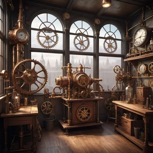 Prompt: Design a steampunk contraption in a Victorian-style workshop. The device should have brass gears, steam pipes, and intricate mechanical details, with a background showcasing a window overlooking a foggy London street.