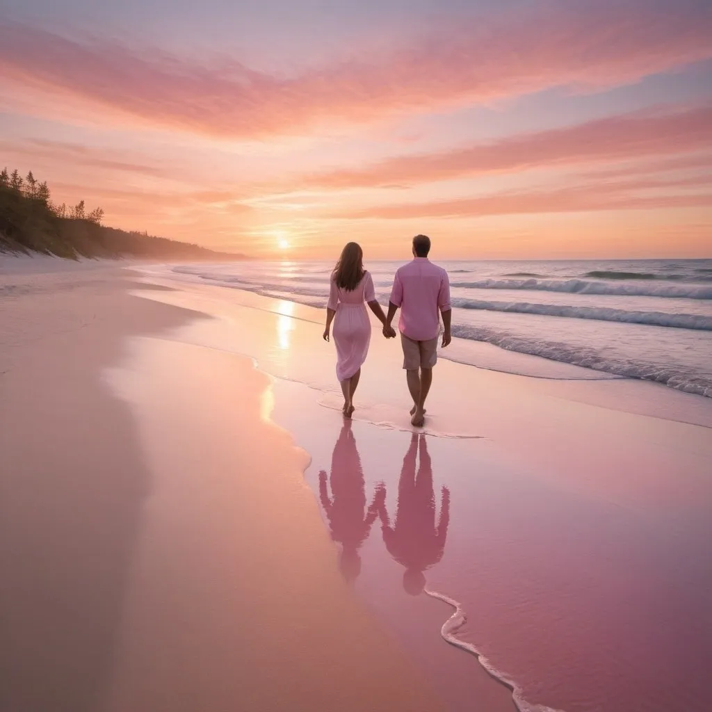 Prompt: "Create a romantic scene of a couple walking hand in hand along a pristine beach at sunset. The sky is painted with shades of pink and orange, and gentle waves are lapping at their feet as they leave footprints in the sand."