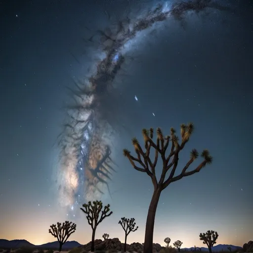 Prompt: Create a hyper-realistic image of a starry night sky with the Milky Way visible, using a wide-angle lens perspective. Include several bright meteors streaking across the sky. In the foreground, place a distinct Joshua Tree with its spiky, branched arms, rooted in a rocky desert landscape. The scene should capture the ethereal beauty of the cosmos juxtaposed with the rugged earth, emphasizing the tranquility and vastness of the night. Ensure the night sky is densely filled with stars, and the overall composition conveys a sense of awe and wonder.