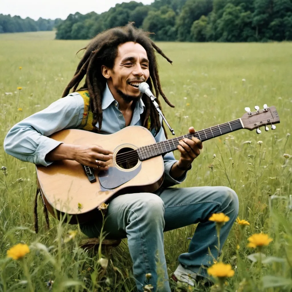 Prompt: bob Marley in a meadow playing music
