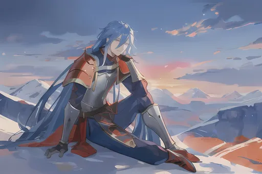 Prompt: Male warrior with long blue hair and red medieval armor resting in the mountain side watching the sunrise.