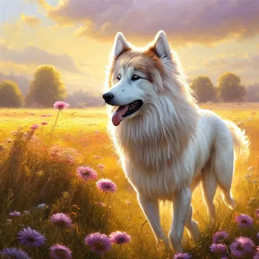 Prompt: High-quality realistic oil painting of a majestic dog walking in a sunlit meadow, vibrant colors, detailed fur with warm reflections, peaceful natural setting, realistic lighting, oil painting, detailed fur, realistic, vibrant colors, sunlit meadow, peaceful atmosphere, majestic dog