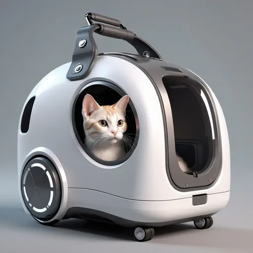 Prompt: Cute cat model in a high-tech cat carrier with wheels and battery, safety and comfort as top priority, sleek and modern design, detailed textures and finishes, high quality, realistic, futuristic, comfortable lighting, battery-powered cat carrier, cute cat model, professional rendering, modern materials, detailed wheels and handles, innovative design, hi-tech, cutting-edge, detailed cat features, comfortable and safe, futuristic pet carrier, advanced technology, high-end materials, smooth transitions, ergonomic design