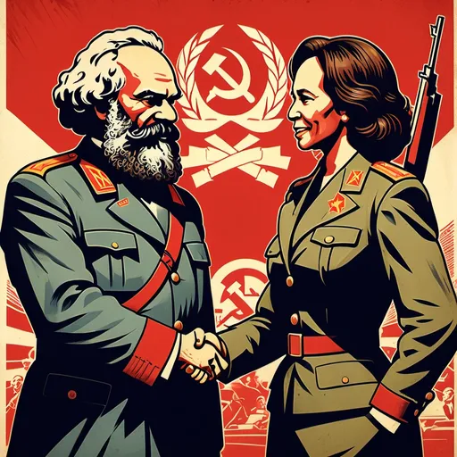 Prompt: Soviet propaganda illustration of Karl Marx and  Kamala Harris shaking hands, armed with rifles, vintage propaganda style, hammer and sickle emblem, socialist realism, bold and powerful composition, detailed military uniforms, dynamic poses, rugged and weathered textures, strong and empowering facial expressions, vintage poster aesthetic, high contrast, bold colors, vintage propaganda, detailed tractor, historical, powerful and impactful, vintage style, gritty atmosphere