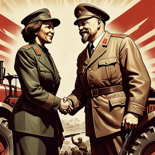 Prompt: Soviet propaganda illustration of Vladimir Lenin and  Kamala Harris shaking hands, armed with rifles, vintage propaganda style, socialist realism, bold and powerful composition, detailed military uniforms, dynamic poses, rugged and weathered textures, strong and empowering facial expressions, vintage poster aesthetic, high contrast, bold colors, vintage propaganda, detailed tractor, historical, powerful and impactful, vintage style, gritty atmosphere