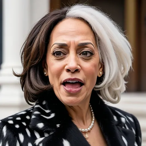 Prompt: Kamala Harris as Cruella Deville with half her hair black and the other half white hair, Dalmatian fur coat, photorealistic, humorous surprised facial expression, realistic facial features, high quality, high definition, vibrant colors