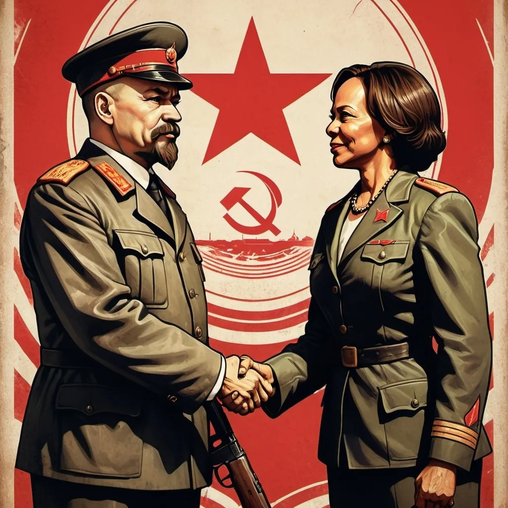 Prompt: Soviet propaganda illustration of Vladimir Lenin and  Kamala Harris shaking hands, armed with rifles, vintage propaganda style, hammer and sickle emblem, socialist realism, bold and powerful composition, detailed military uniforms, dynamic poses, rugged and weathered textures, strong and empowering facial expressions, vintage poster aesthetic, high contrast, bold colors, vintage propaganda, detailed tractor, historical, powerful and impactful, vintage style, gritty atmosphere