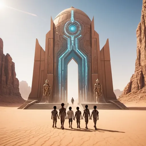 Prompt: Three boys lead a man to a futuristic temple in the desert.