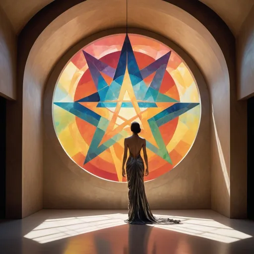 Prompt: Render an elongated, gestural human figure with flowing brushstrokes facing a radiant, intricate pentagram emblem on the far wall - the illuminated focal point echoed in refracted patterns along the vaulted ceiling. Use vibrant colors and tactile, emotive texture for the stylized figure harmonizing with architectural lines amid pools of light and shadow. Integrate atmospheric openness with dense brushwork converging perspective toward the shimmering symbolic emblem, a mysterious emanating source binding figure and surroundings.