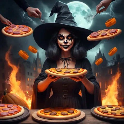 Prompt: Personaje de bruja hiperrealista con manos de fuego, en el fondo calabazas pizzas y hamburguesas flotando en el aire arte de personajes de fantas�a, ilustraci�n