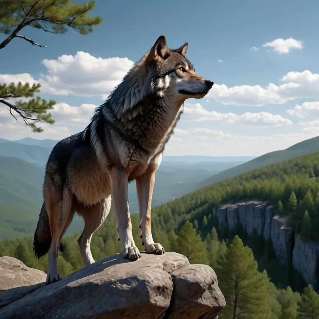 Prompt: Dark wolf looks out over forested mountainous area from cliff top, big blue skies above him and behind him is a darker area, high resolution realistic image high resolution, 4k, detailed, high quality, professional,