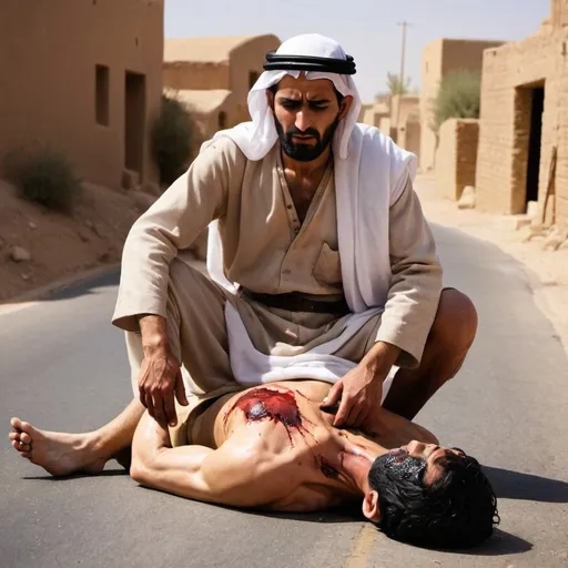 Prompt: Create an image to accompany the story of the good samaritan. Figures should be ethically diverse and represent the visual qualities of middle eastern people. Include the injuries the man would have suffered and also place the injured man on a road
