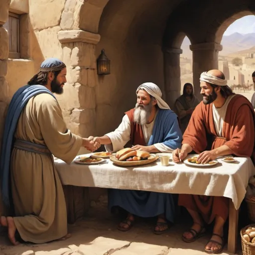 Prompt: Realistic image of hospitality to strangers in the bible times
