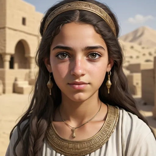 Prompt: Realistic depiction of a teenage Miriam (Moses' sister from the bible). She should be youthful, dressed in Egyptian peasant styles of the time and look middle eastern







