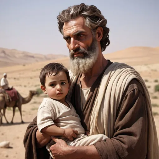 Prompt: Realistic depiction of Abraham with his young son  Isaac- figures should have a middle eastern complexion