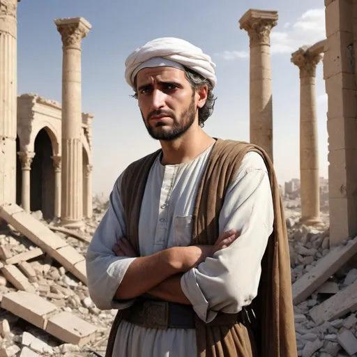 Prompt: Realistic image of Job admist the ruins of his life looking hopeful- Job should be middle-eastern


