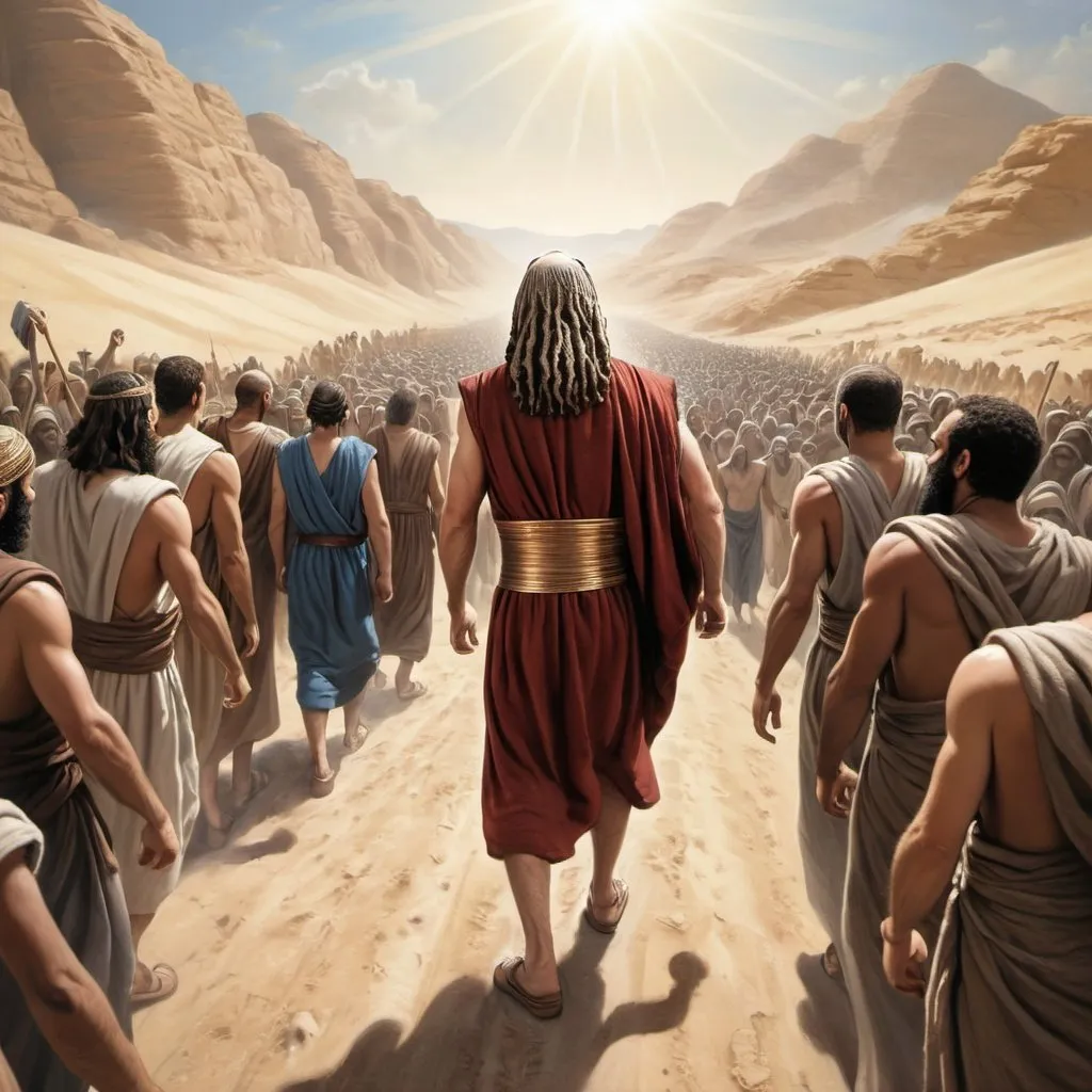 Prompt: Realistic depiction of Moses leading the Israelites out of Egypt- Make it look more like a photograph than an illustration

