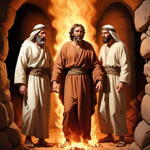 Prompt: Realistic depiction of the 3 men  in a fiery furnace. The men should dressed in clothes appropriate for old testament bible times All figures should be middle eastern