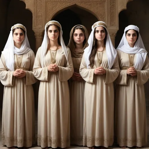 Prompt: Realistic image of The 5 Daughters of Zelophehad- All women should be young and middle eastern
