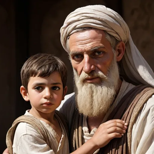 Prompt: Realistic depiction of Abraham with his young son  Isaac ( about 7 years old)
- figures should have a middle eastern complexion