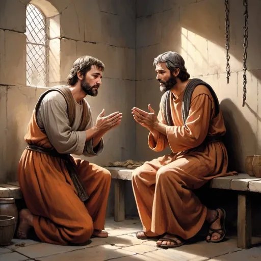 Prompt: Realistic depiction of Paul and Silas (from bible times) in jail praying and praising god
- figures should have a middle eastern complexion