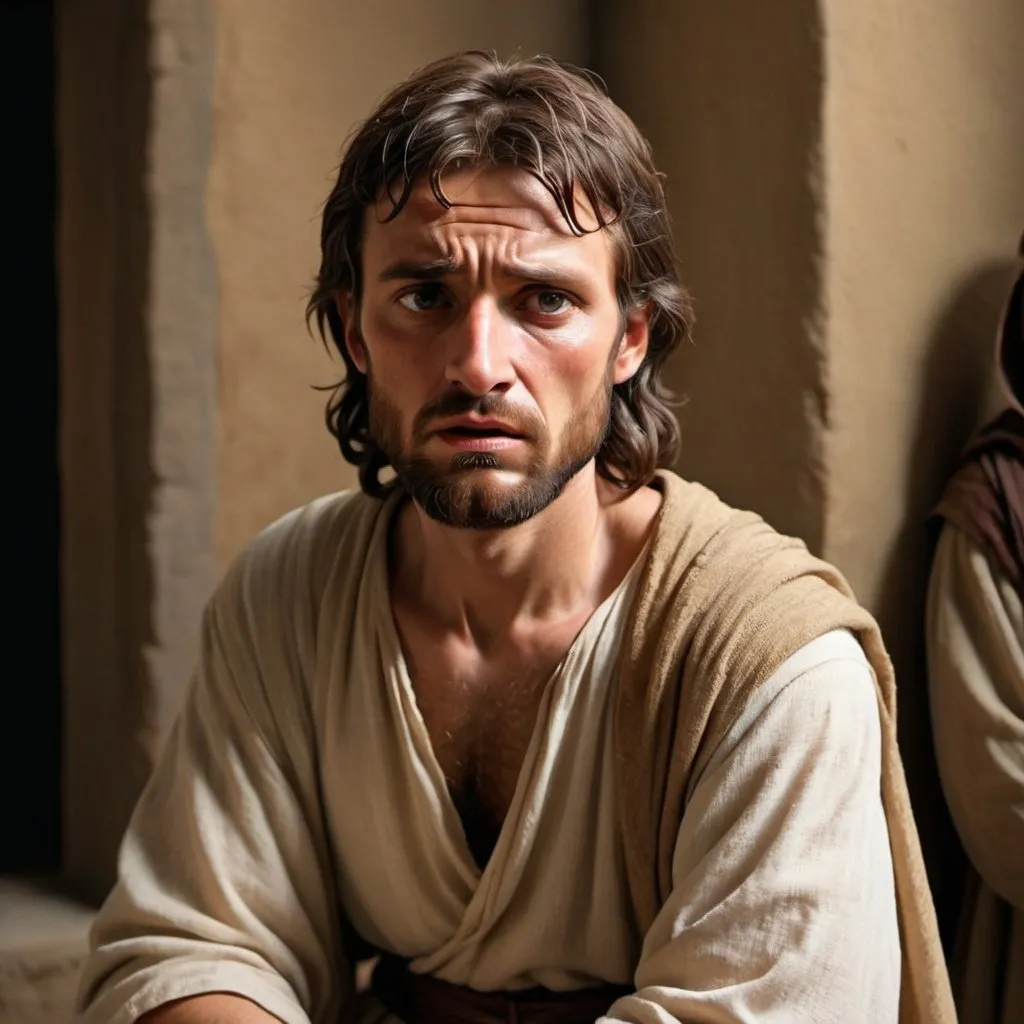 Prompt: Photograph style 
Realistic depiction of Peter feeling guilty after denying Jesus
- figures should have a middle eastern complexion