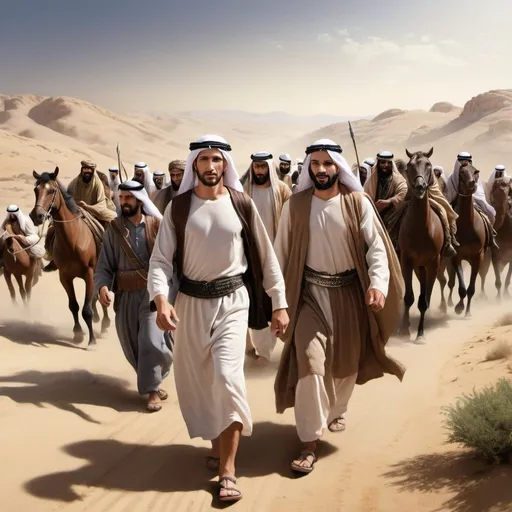 Prompt: Photo-Realistic depiction of Joshua (depicted as middle eastern) leading his people into the promised land. All figures should be middle eastern

