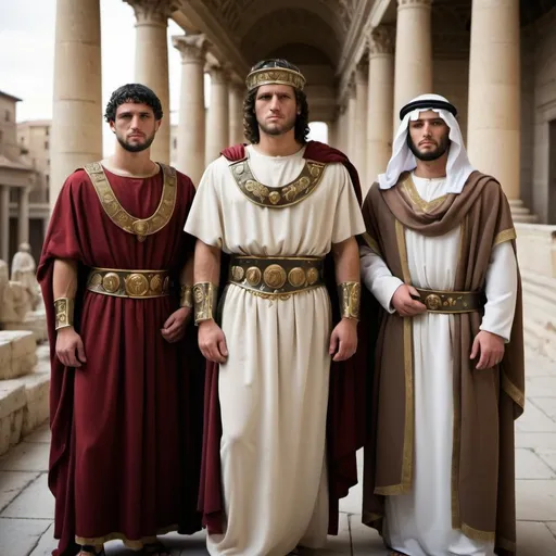 Prompt: A realistic depiction of Roman Empire legal system
 Figures should wear bible clothing and be Middle Eastern







