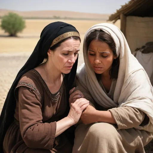 Prompt: Photograph-style image of  Ruth (from the Bible) caring for her mother in law Naomi- people should look Middle Eastern and from bible times


