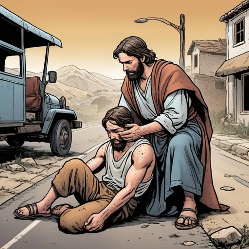 Prompt: Generate an image in a  comic book style 
that depicts a traveler helping a wounded stranger on the roadside ( during bible times), reflecting the kindness and compassion shown in the story of the Good Samaritan.