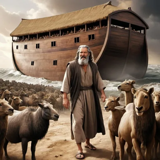 Prompt: Realistic depiction of Noah (from the Bible) and his ark. The man should be middle eastern, and older. The ark should be big












