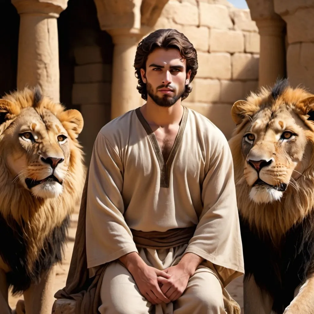 Prompt: Realistic depiction of the Bible story: Adult Daniel in the Lion's den. Daniel is Middle eastern in his late 20s and looks confident



















