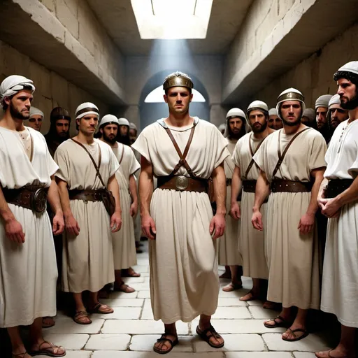 Prompt: A realistic depiction of Roman empire prisons
 Figures should wear bible clothing and be Middle Eastern







