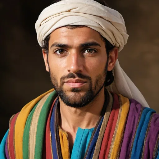 Prompt: Photograph-style image of  Joseph(from the Bible) (depicted as he would actually look ethnically) wearing his coat of many colors and forgiving his brothers
- people should look Middle Eastern and from bible times






