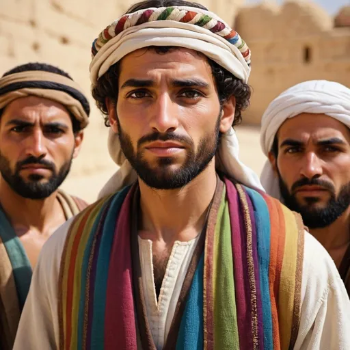 Prompt: Photograph-style image of  Joseph(from the Bible) (depicted as he would actually look ethnically) wearing his coat of many colors and forgiving his brothers
- people should look Middle Eastern and from bible times






