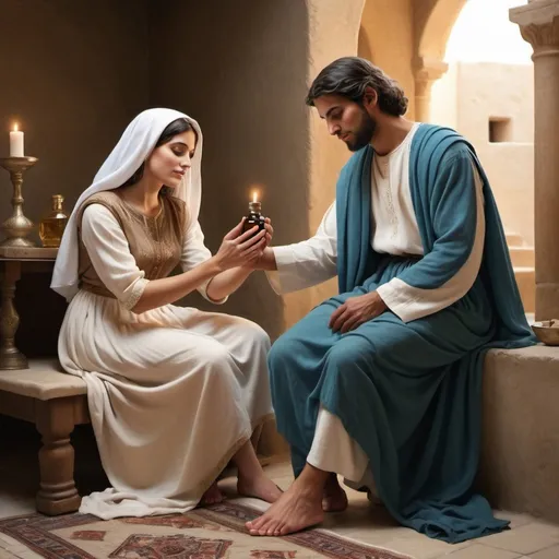 Prompt: Realistic Style Image of Mary of Bethany ( Beautiful Middle Eastern woman from the bible) annointing a middle eastern man's feet with perfume






















































































