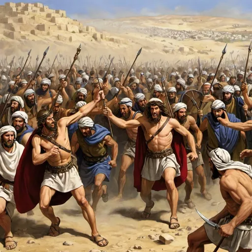 Prompt: Philistines vs. Israelities- Bible times- All people middle-eastern











