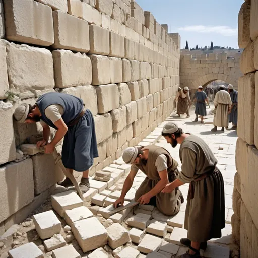Prompt: Photograph style 
Realistic depiction Photograph style of men  rebuilding the fallen
 walls of Jerusalem in bible times

- figures should have a middle eastern complexionFigures should be clothed in bible times clothing
