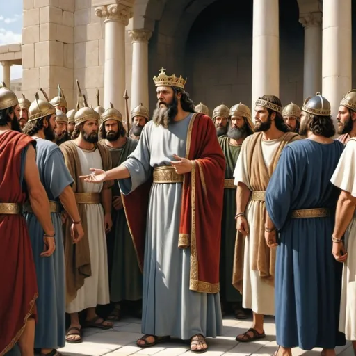 Prompt: Photo-Realistic depiction of Rehoboam from the bible making leadership choices

