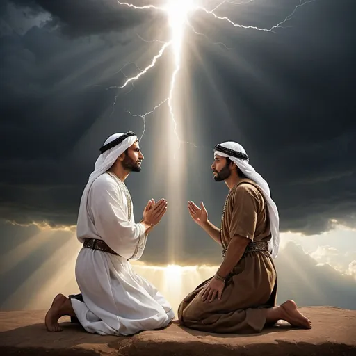 Prompt: Photograph style 
Realistic depiction Photograph style of two males kneeling before a radiant representation of God's presence, with a stormy sky overhead representing the conflict they face. Show beams of light breaking through the clouds, symbolizing divine guidance and intervention.
- figures should have a middle eastern complexionFigures should be clothed in bible times clothing
.
- figures should have a middle eastern complexion