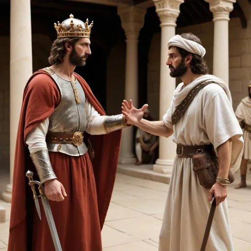 Prompt: Photograph style 
Realistic depiction of Nathan confronting King David
- figures should have a middle eastern complexion