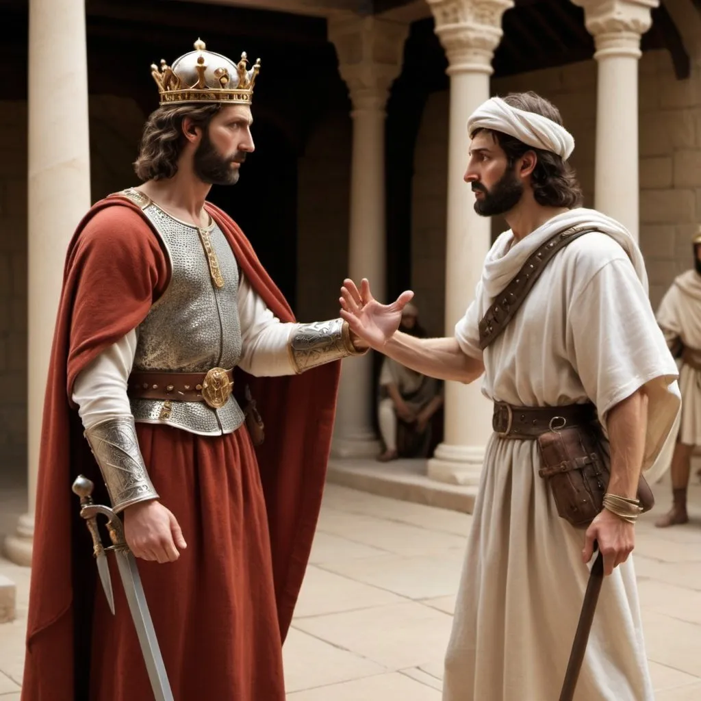 Prompt: Photograph style 
Realistic depiction of Nathan confronting King David
- figures should have a middle eastern complexion