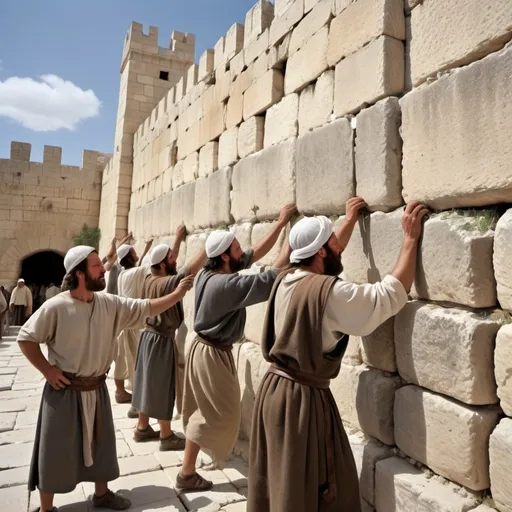 Prompt: Photograph style 
Realistic depiction Photograph style of men  rebuilding of the walls of Jerusalem in bible times

- figures should have a middle eastern complexionFigures should be clothed in bible times clothing
